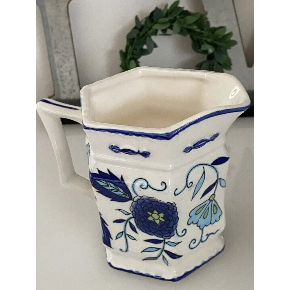 Vintage Ironstone Mann Import Blue Heirloom Hand Painted Floral Creamer 4